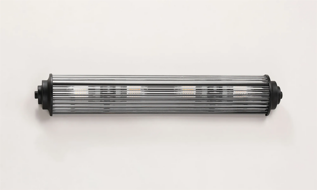 Pillar 4 Light Bathroom Wall Light In Satin Black And Clear Glass Rods IP44 G9