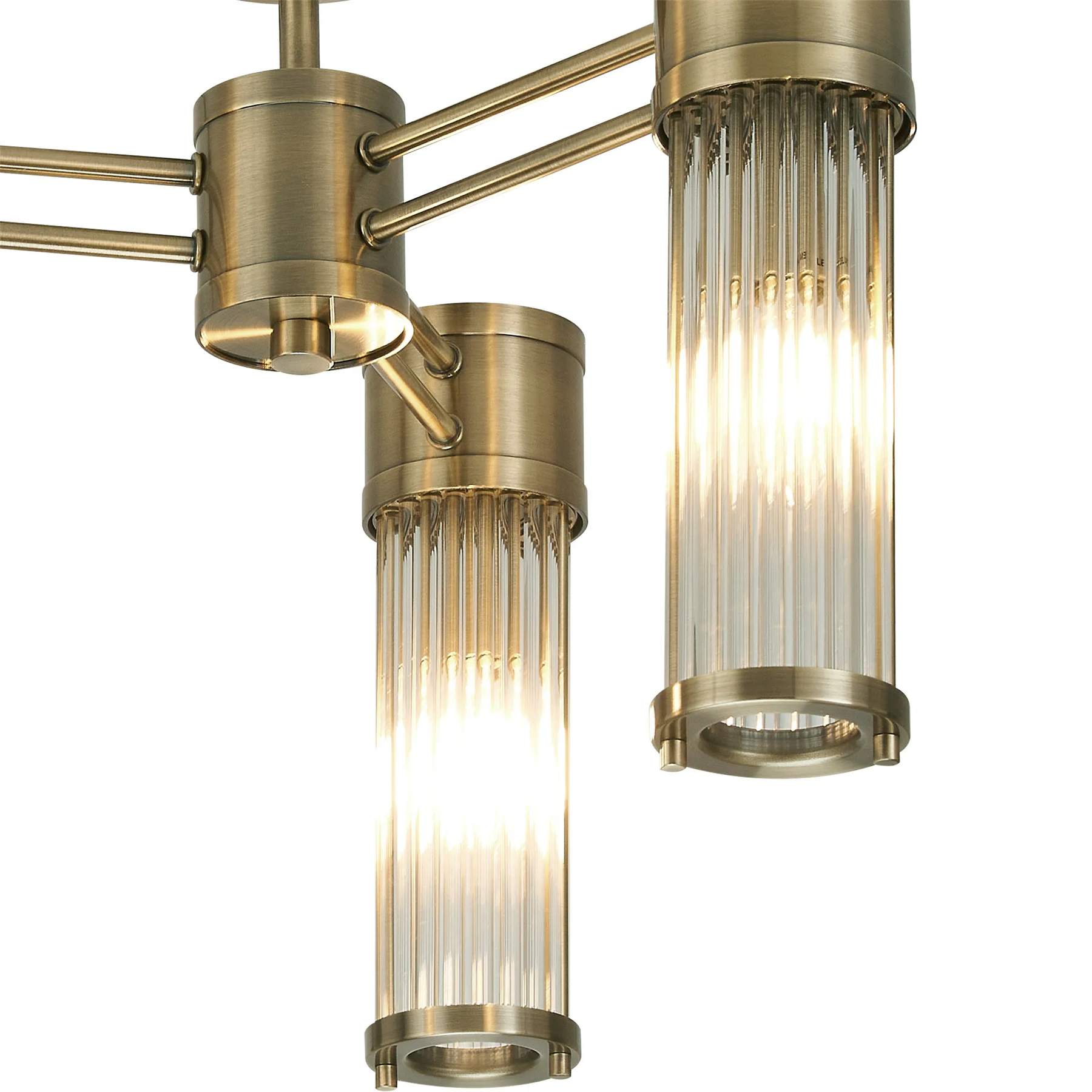 Pillar 3 Light Bathroom Semi Flush Ceiling Light In Antique Brass And Clear Glass Rods IP44 E14