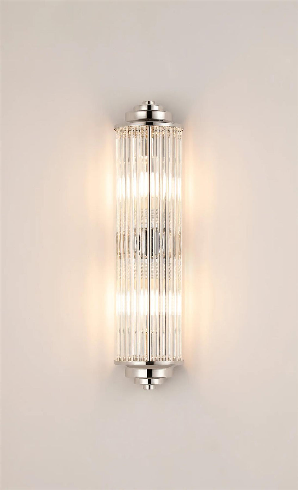 Pillar 2 Light Bathroom Wall Light In Polished Nickel And Clear Glass Rods IP44 G9