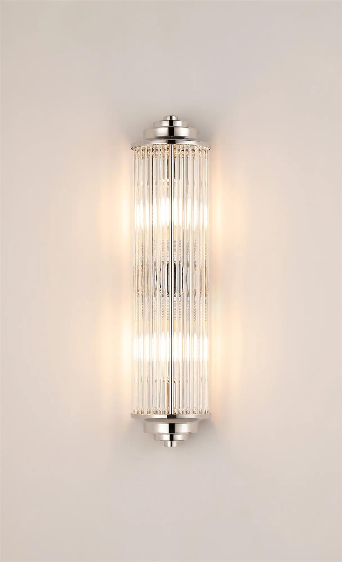 Pillar 2 Light Bathroom Wall Light In Polished Nickel And Clear Glass Rods IP44 G9