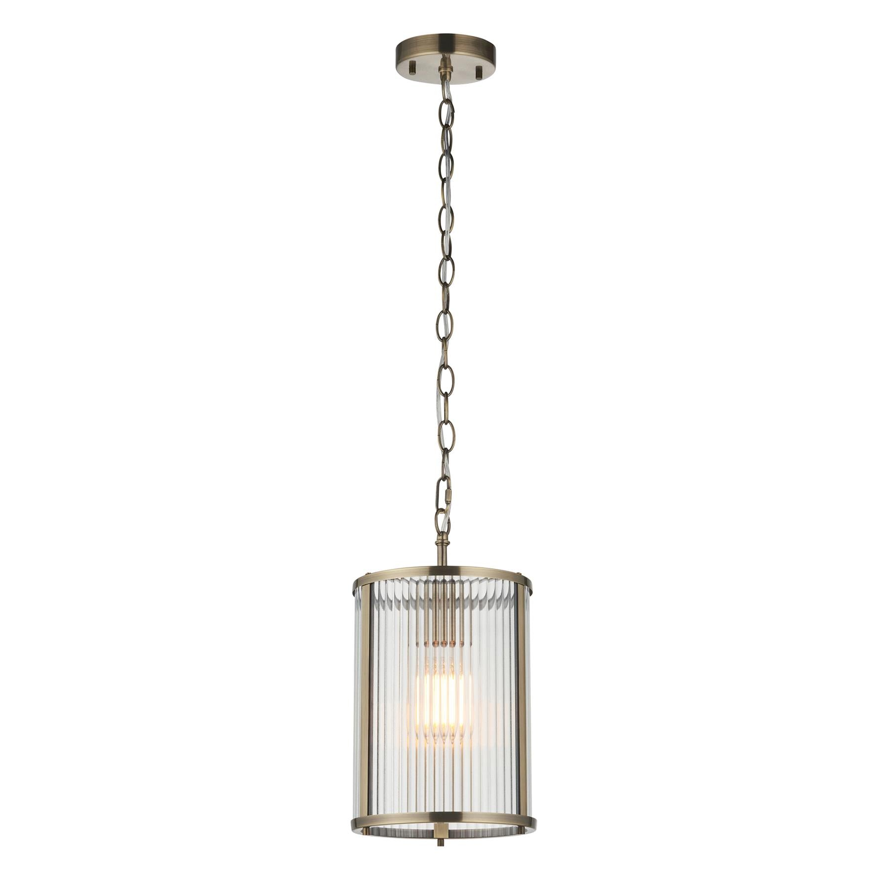 Ridgeton Single Ceiling Pendant Light In Antique Brass With Ribbed Glass 118595