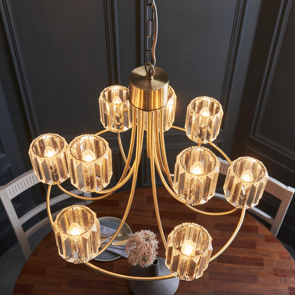 Endon 118934 Berenice 9 Light Tiered Ceiling Pendant Light In Antique Brass Finish With Cut Glass Shades