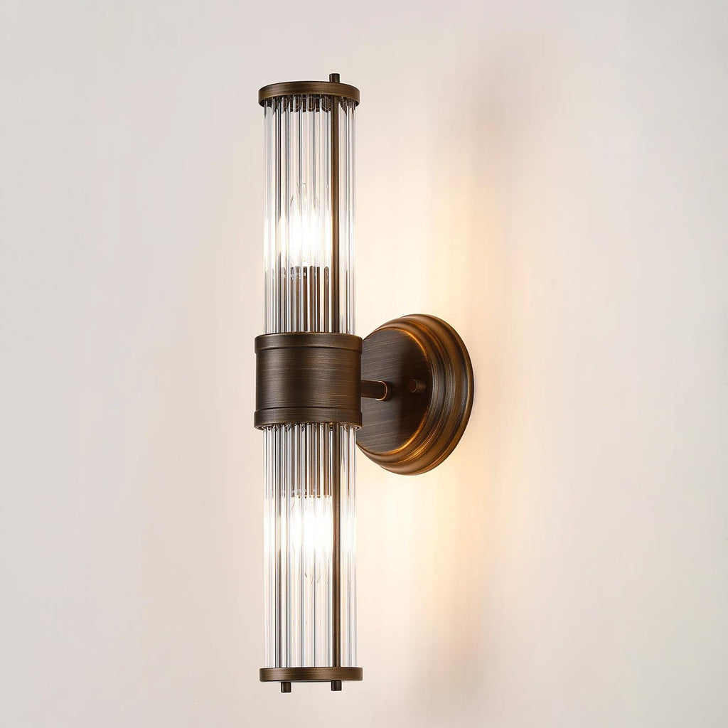 Pillar Up And Down 2 Light Bathroom Wall Light In Bronze And Clear Glass Rods IP44 E14