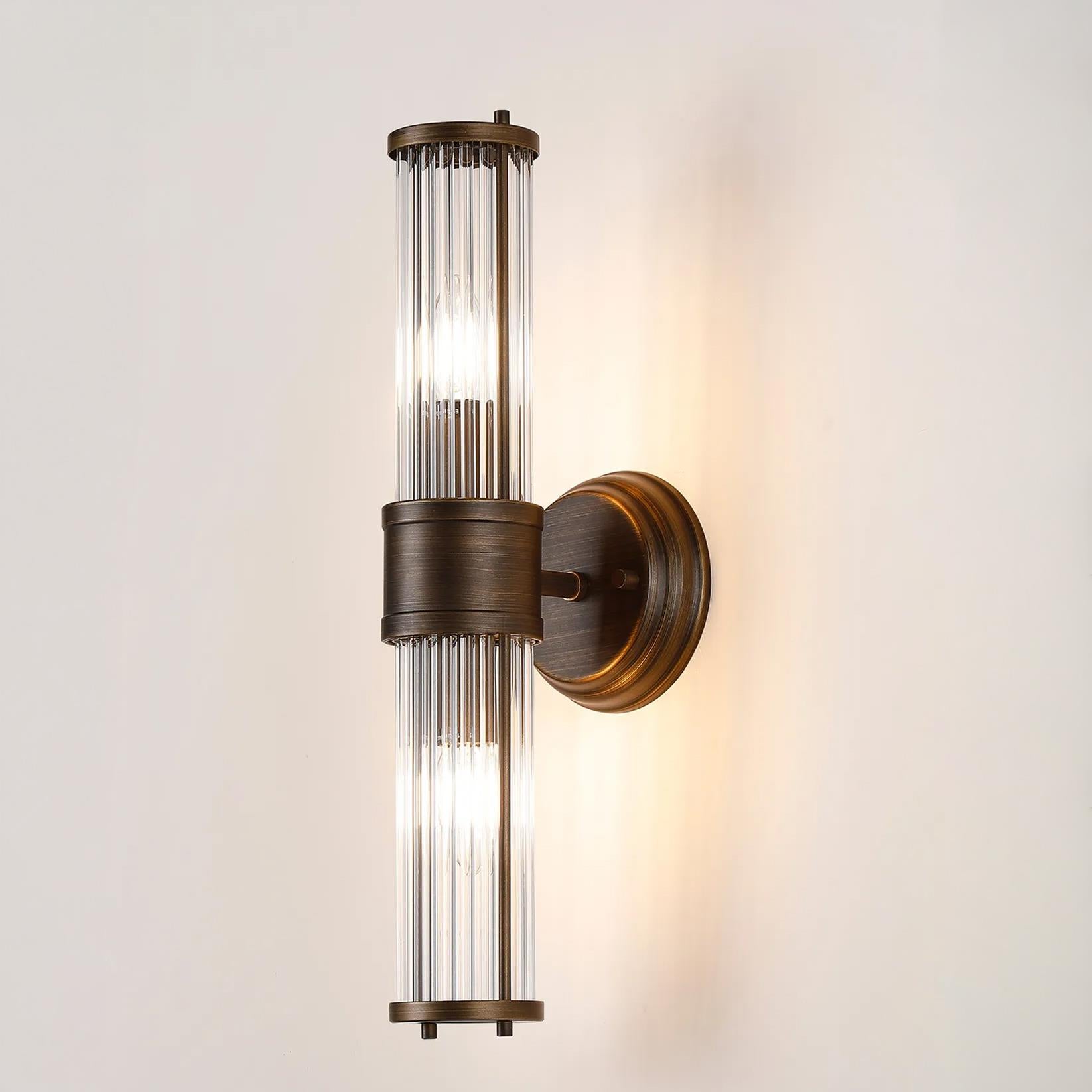 Pillar Up And Down 2 Light Bathroom Wall Light In Bronze And Clear Glass Rods IP44 E14