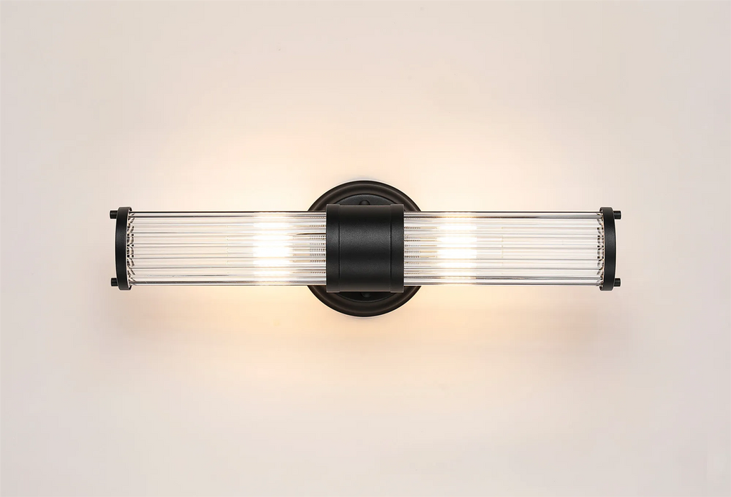 Pillar Up And Down 2 Light Bathroom Wall Light In Satin Black And Clear Glass Rods IP44 E14