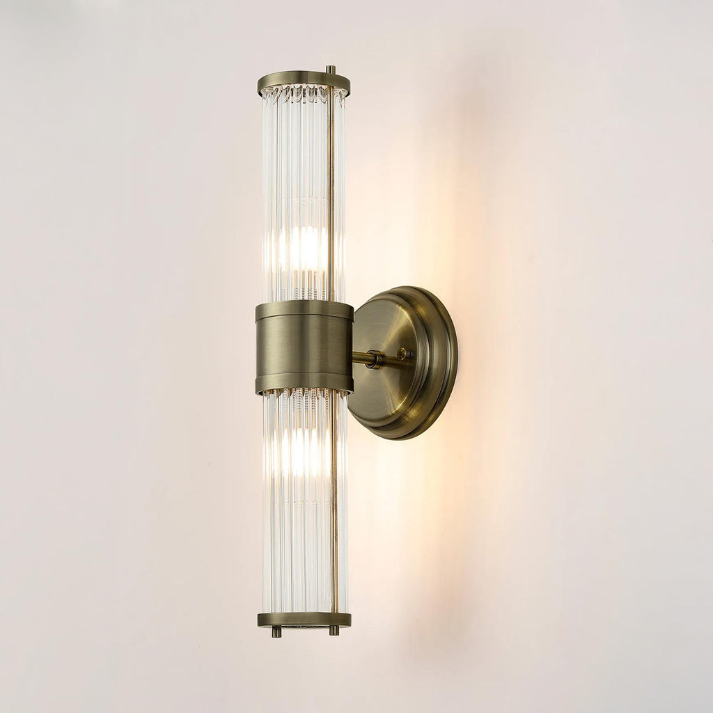 Pillar Up And Down 2 Light Bathroom Wall Light In Antique Brass And Clear Glass Rods IP44 E14