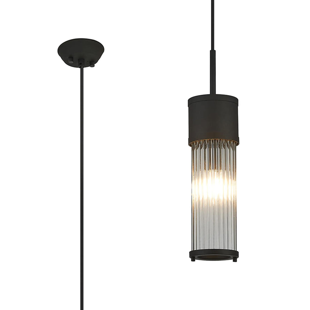 Pillar Bathroom Single Ceiling Pendant Light In Satin Black And Clear Glass Rods IP44 E14