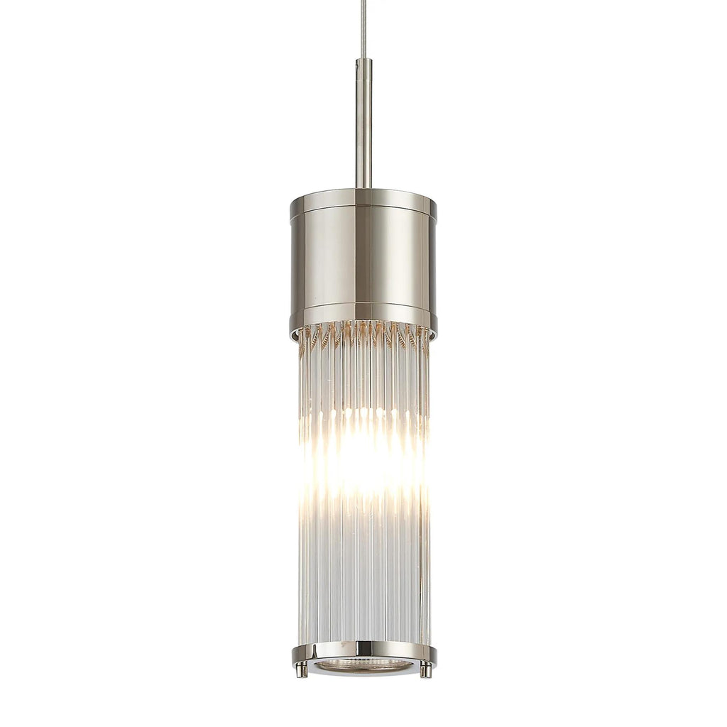 Pillar Bathroom Single Ceiling Pendant Light In Polished Nickel And Clear Glass Rods IP44 E14