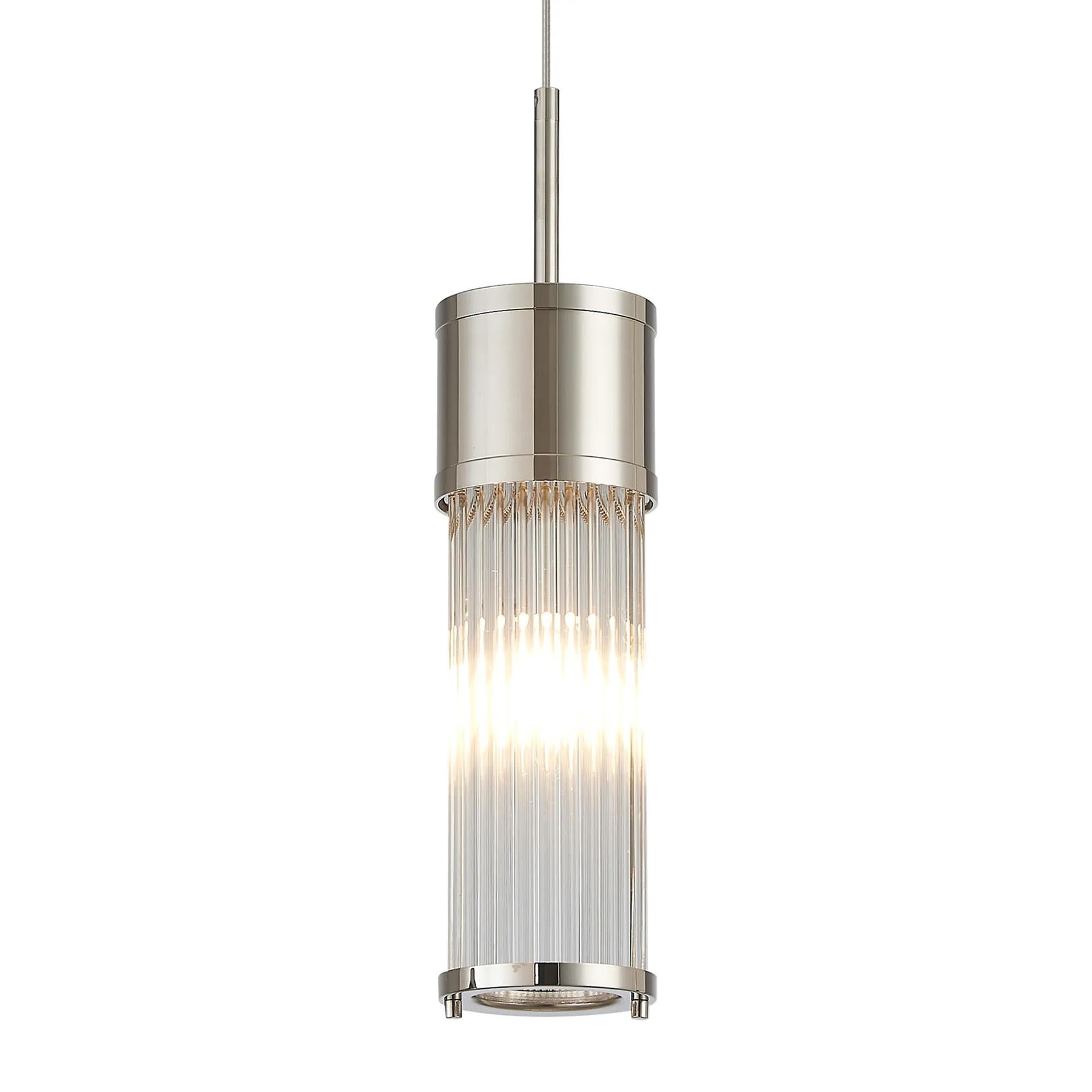 Pillar Bathroom Single Ceiling Pendant Light In Polished Nickel And Clear Glass Rods IP44 E14