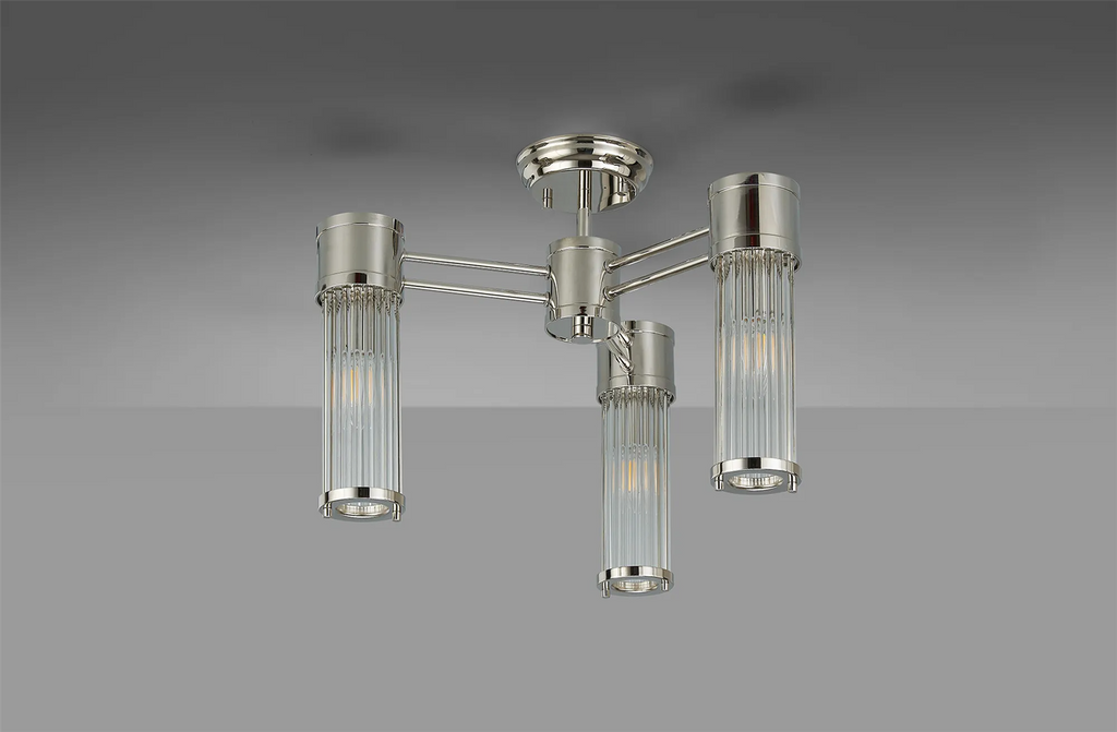 Pillar 3 Light Bathroom Semi Flush Ceiling Light In Polished Nickel And Clear Glass Rods IP44 E14