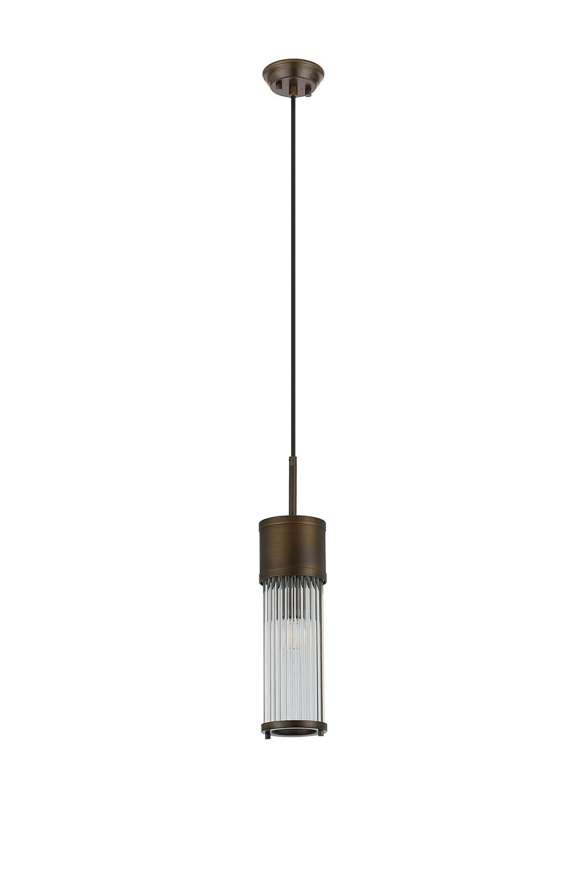 Pillar Bathroom Single Ceiling Pendant Light In Bronze And Clear Glass Rods IP44 E14