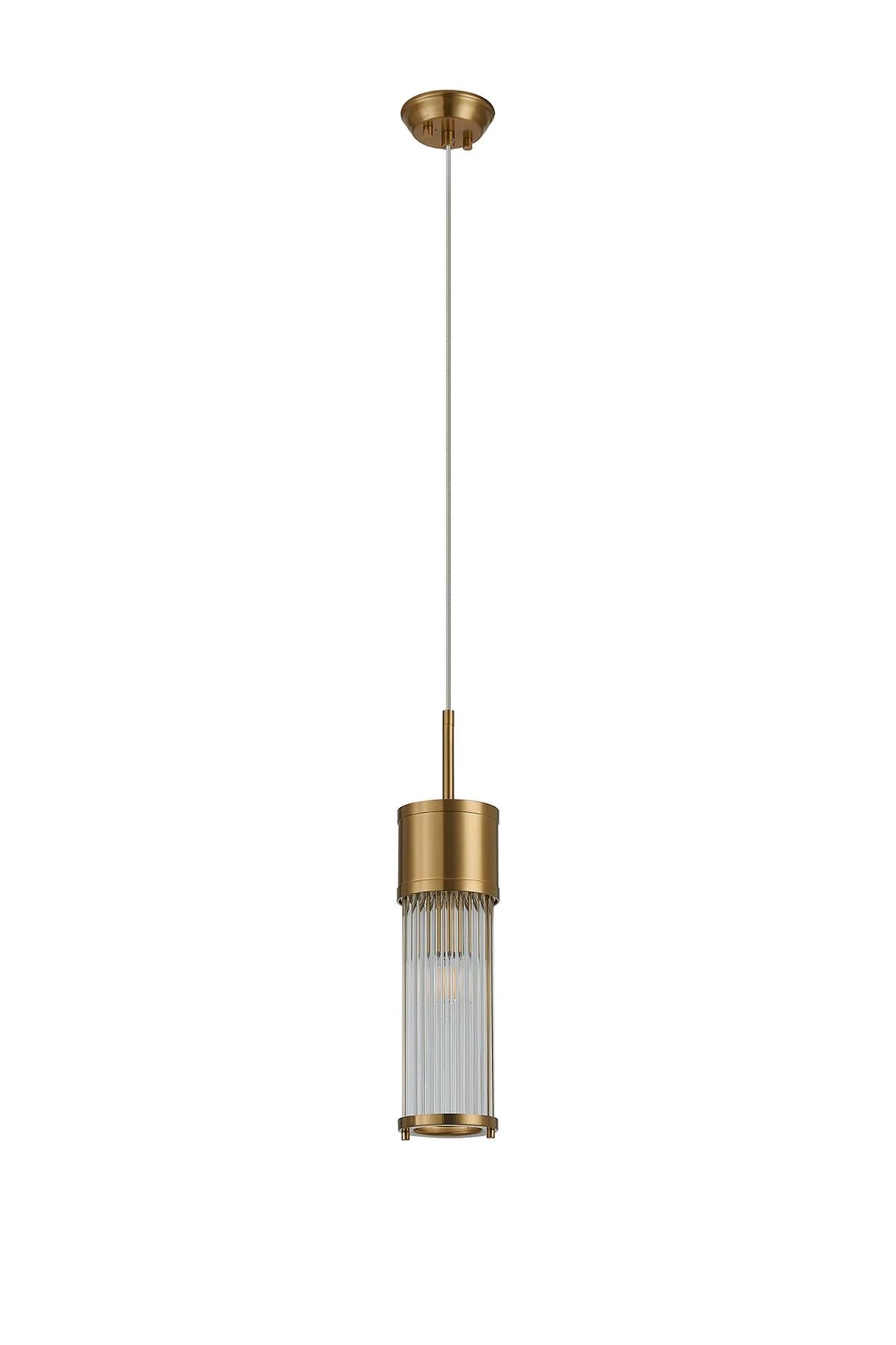 Pillar Bathroom Single Ceiling Pendant Light In Gold And Clear Glass Rods IP44 E14