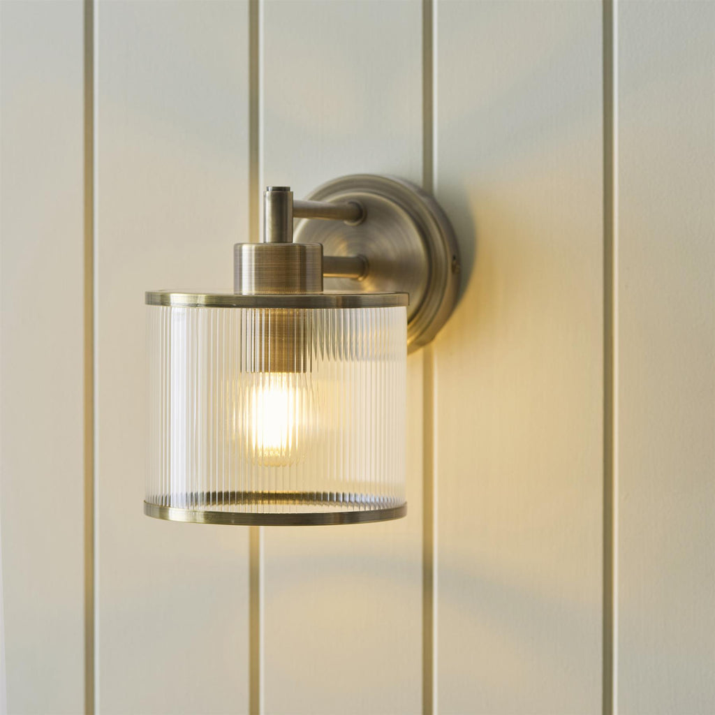 Ridgeton Single Wall Light In Antique Brass With Ribbed Glass 120144