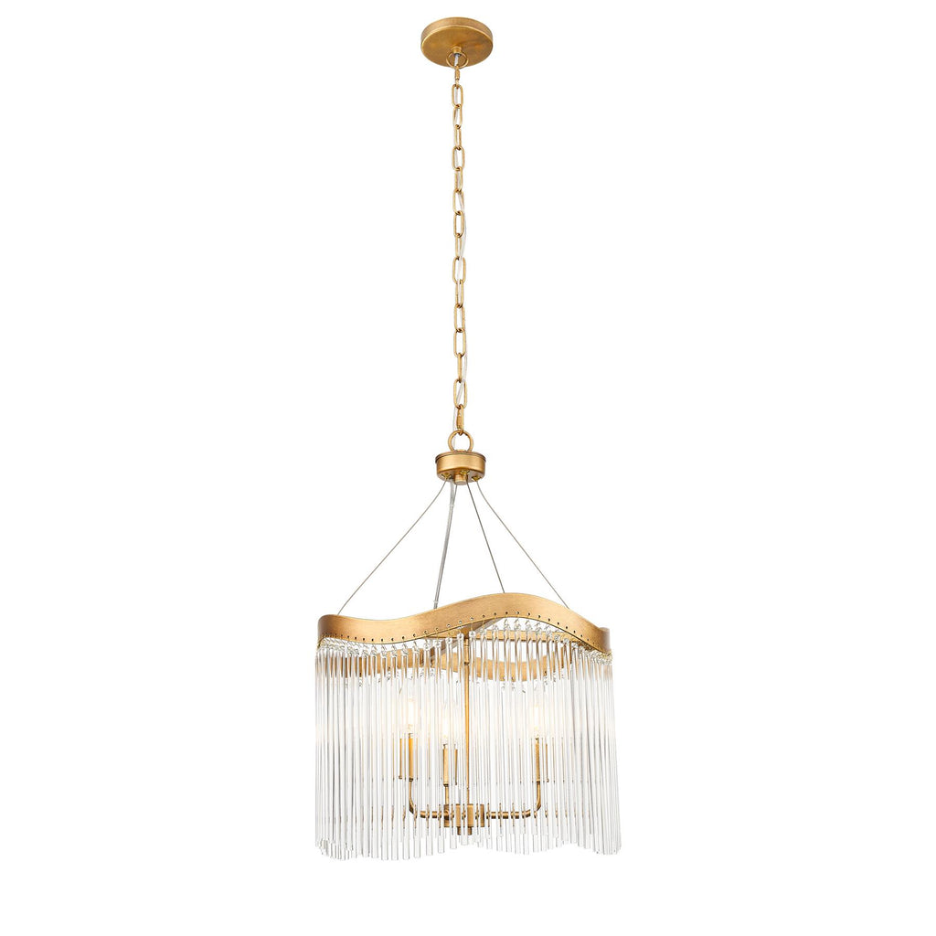 Franklite Harp 3 Light Curved Frame Ceiling Pendant In Aged Brass With Glass Rods FL2512-3