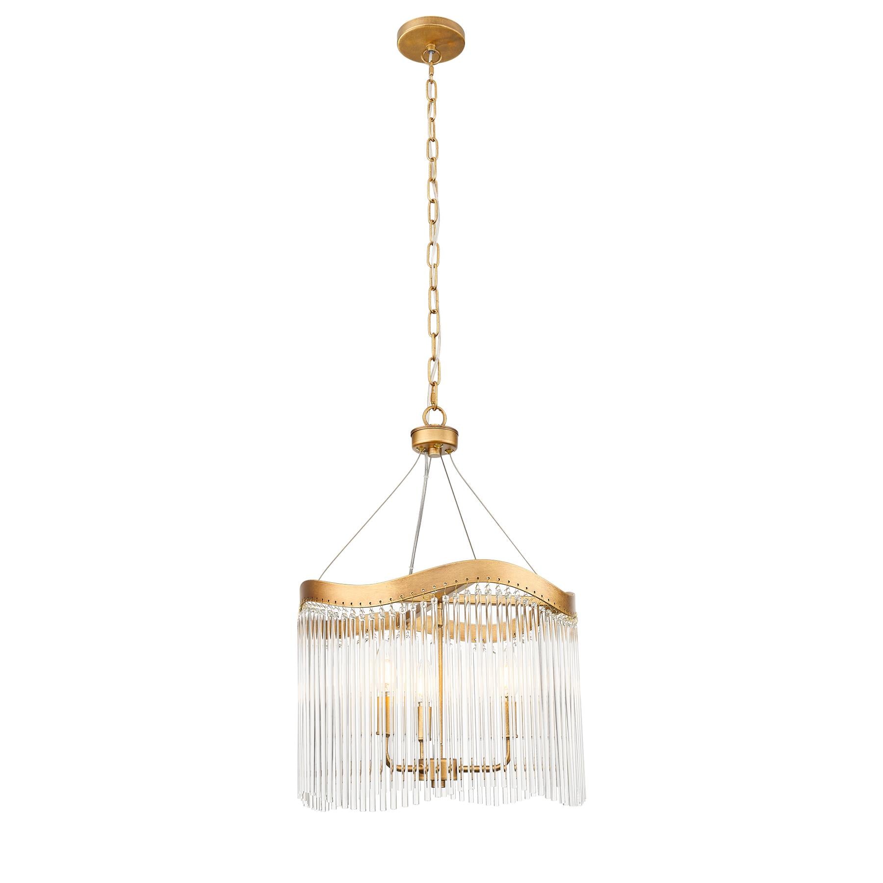 Franklite Harp 3 Light Curved Frame Ceiling Pendant In Aged Brass With Glass Rods FL2512-3