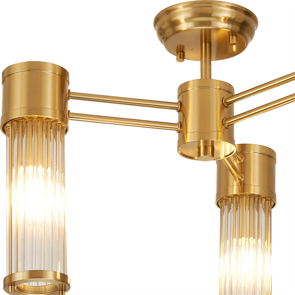Pillar 3 Light Bathroom Semi Flush Ceiling Light In Gold And Clear Glass Rods IP44 E14