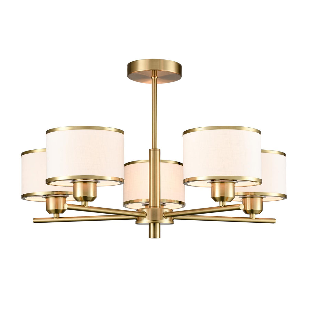 Franklite Polaris 5 Light Semi Flush Ceiling Light In Aged Brass With Fabric Shades FL2498-5