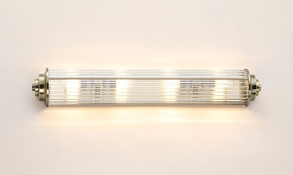 Pillar 4 Light Bathroom Wall Light In Antique Brass And Clear Glass Rods IP44 G9