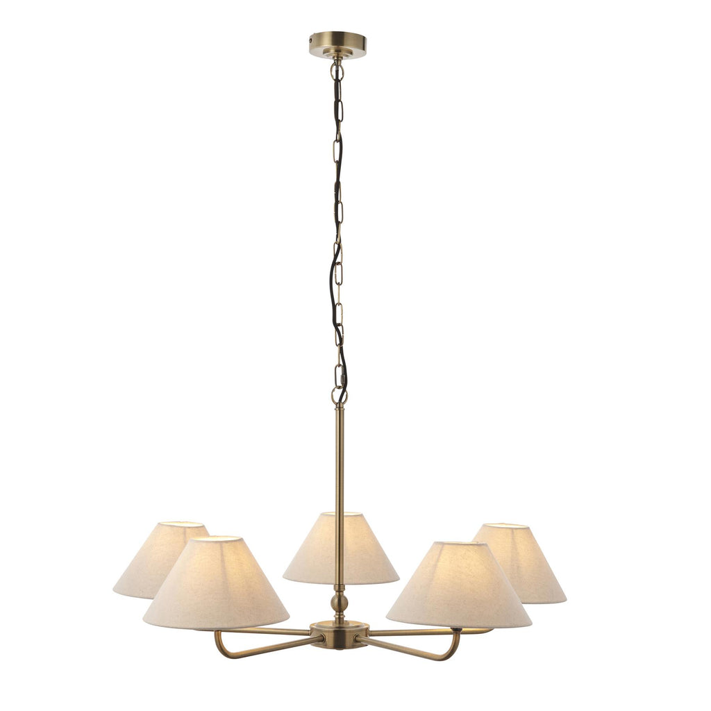 Lille 5 Light Ceiling Pendant Light In Antique Brass With Natural Linen Shades 117833