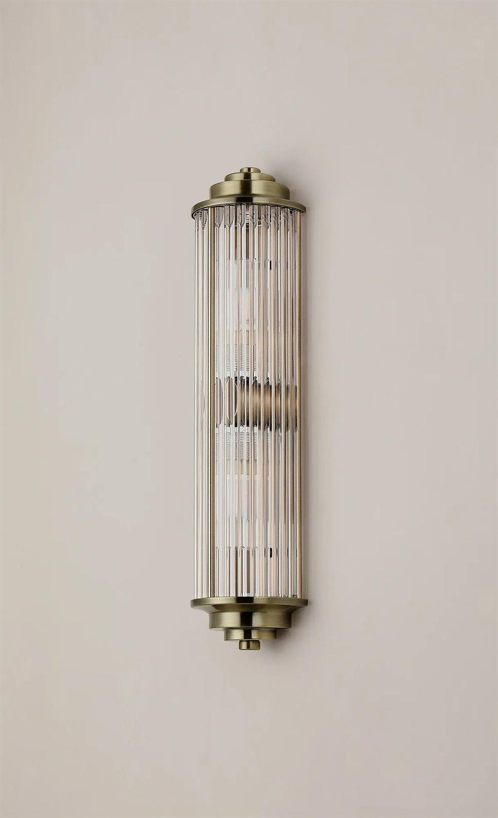 Pillar 2 Light Bathroom Wall Light In Antique Brass And Clear Glass Rods IP44 G9