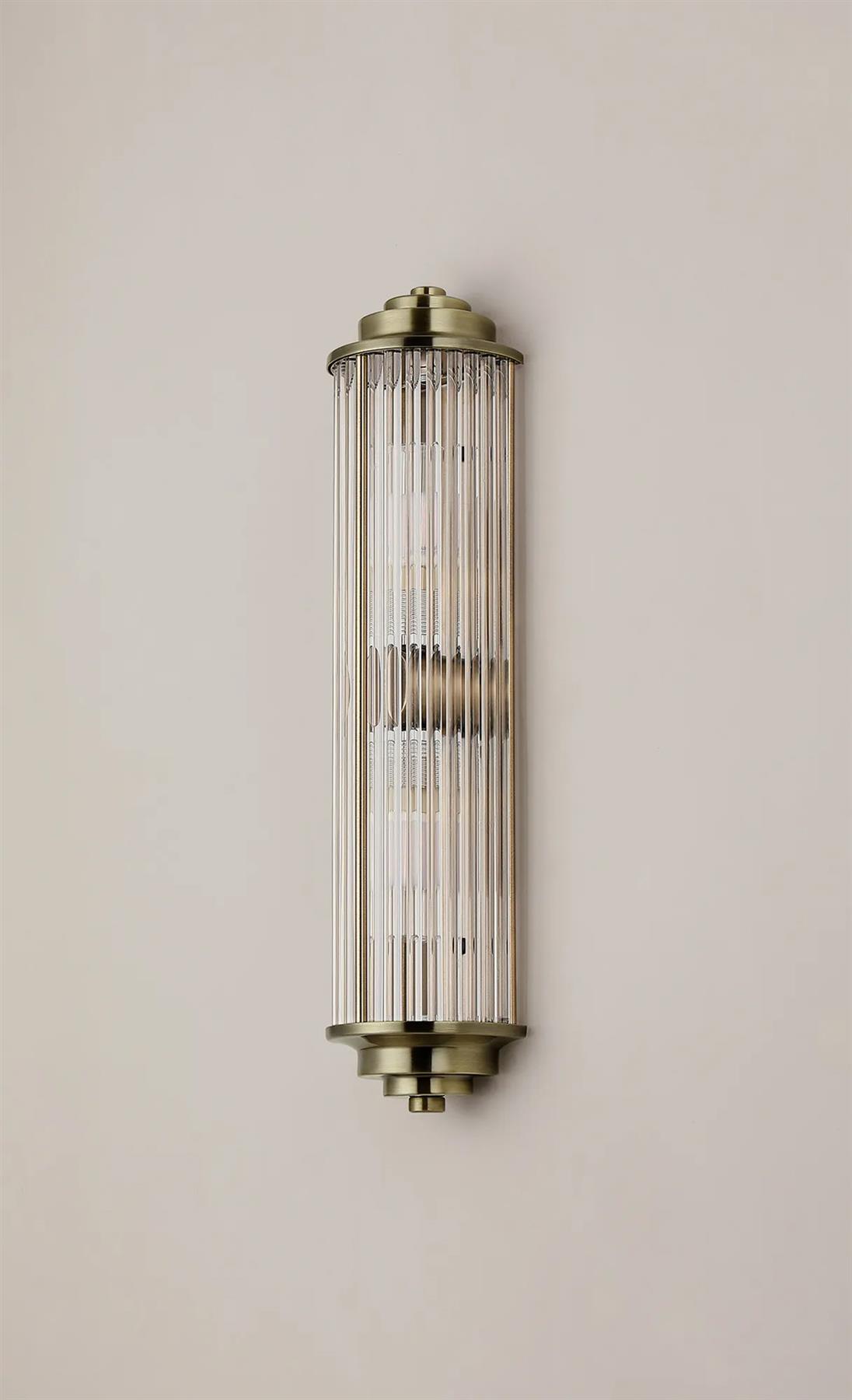 Pillar 2 Light Bathroom Wall Light In Antique Brass And Clear Glass Rods IP44 G9