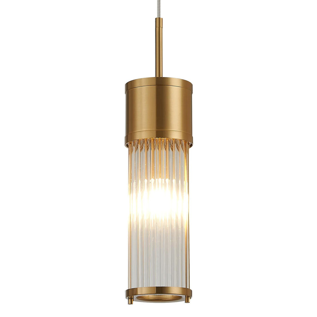 Pillar Bathroom Single Ceiling Pendant Light In Gold And Clear Glass Rods IP44 E14