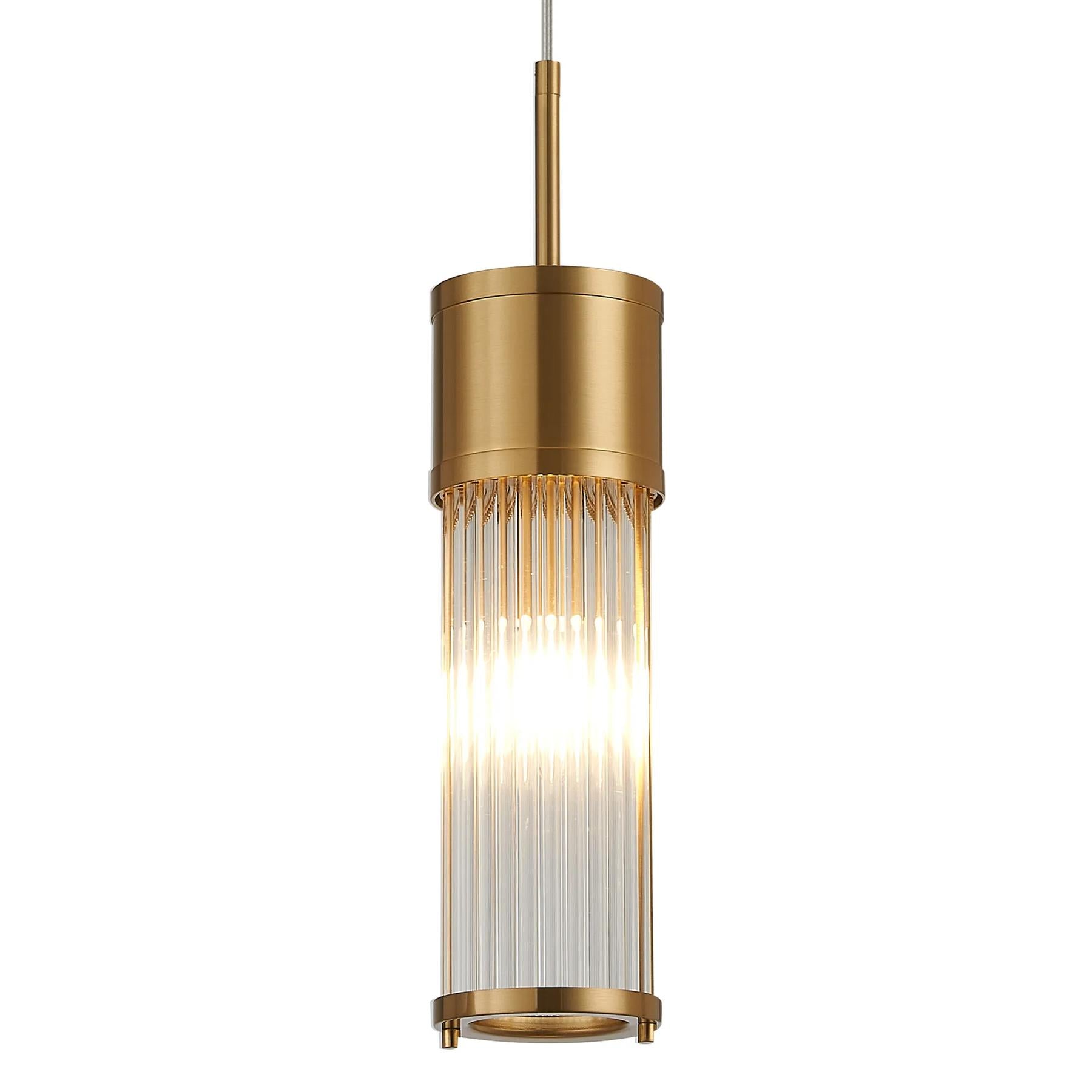 Pillar Bathroom Single Ceiling Pendant Light In Gold And Clear Glass Rods IP44 E14
