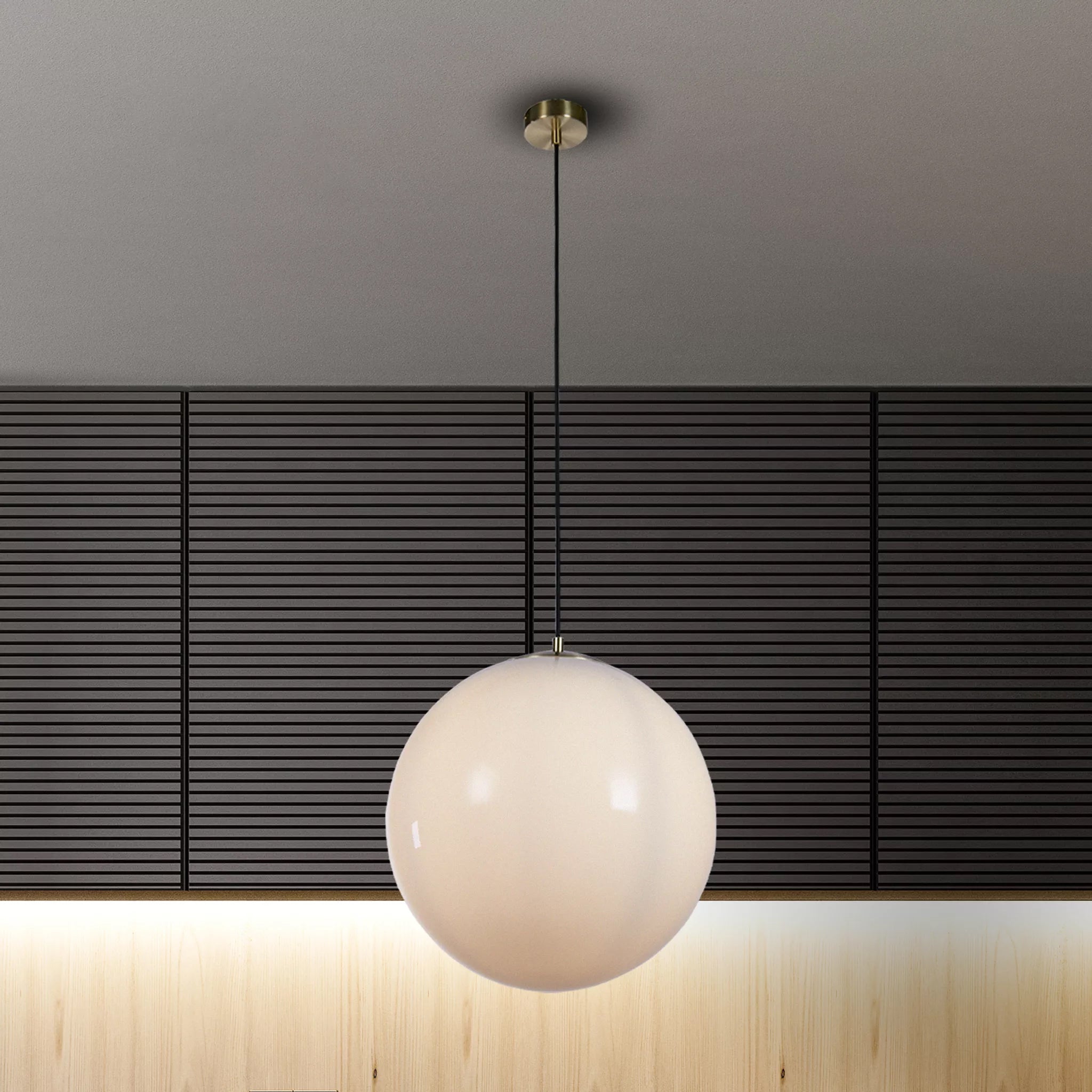 Atom II Ceiling Pendant In Satin Brass And Opal Glass Shade 40cm 6099SB
