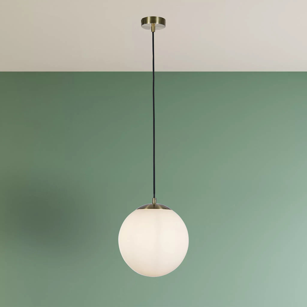 Atom II Ceiling Pendant In Satin Brass And Opal Glass Shade 30cm 6077SB