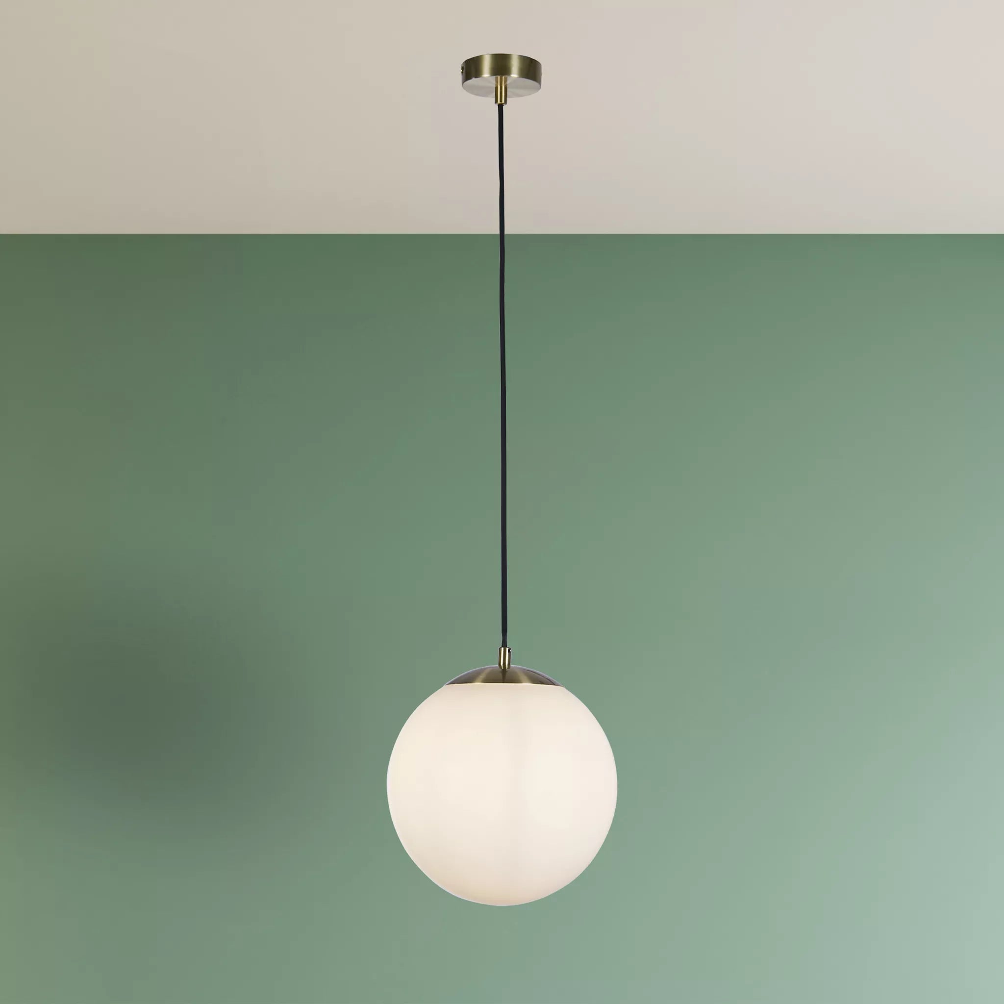 Atom II Ceiling Pendant In Satin Brass And Opal Glass Shade 30cm 6077SB