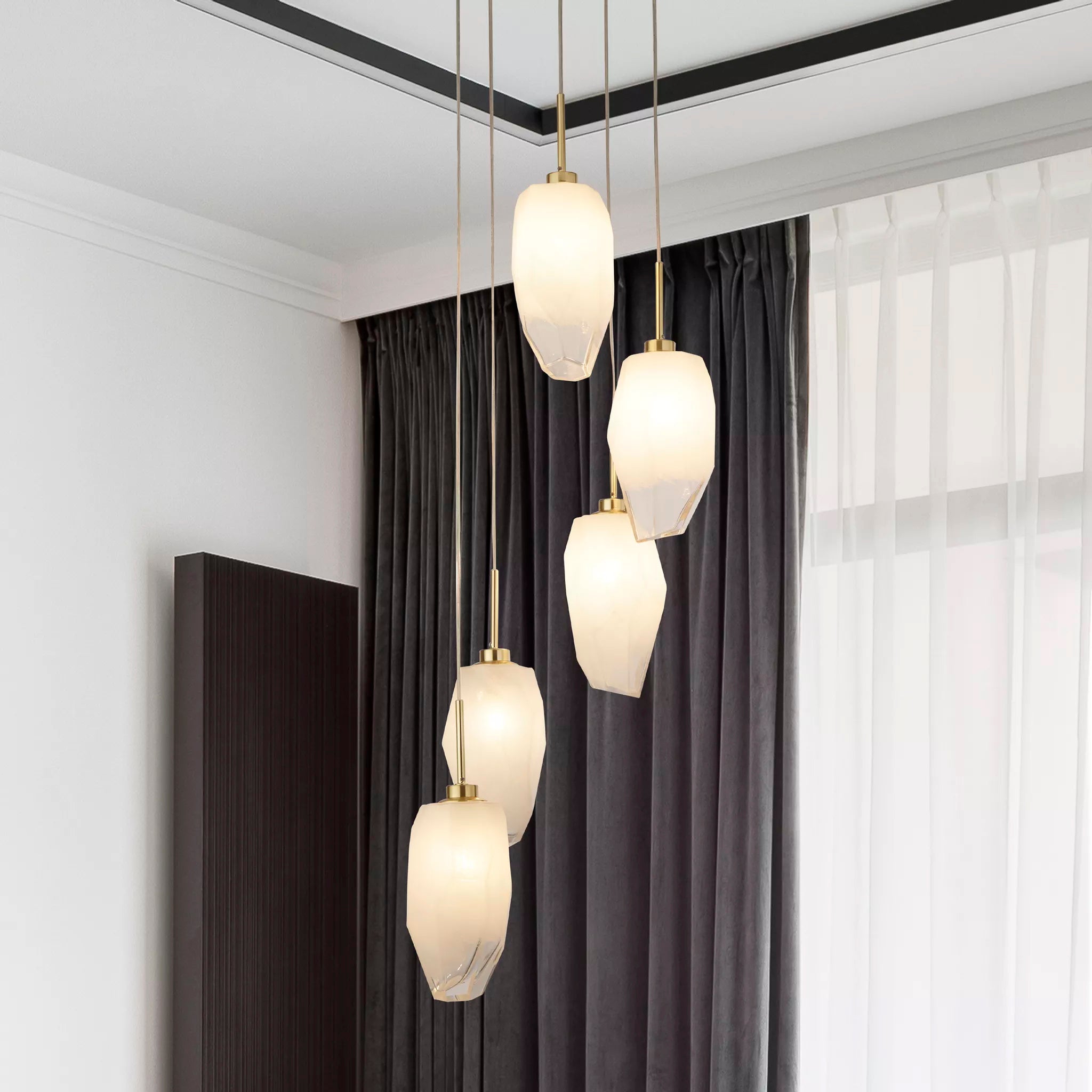 Rocky 5 Light Cluster Ceiling Light In Satin Brass Finish With Glass Shades 23146-5SB