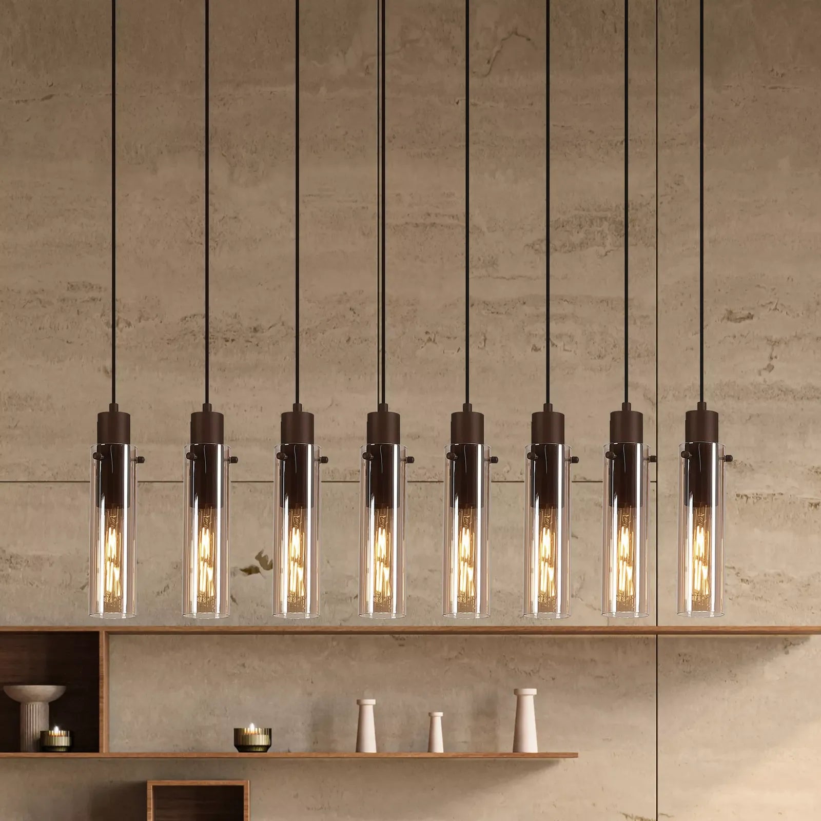 Sweden II 8Lt Ceiling Bar Pendant In Mocha Finish With Amber Glass 88921-8MO