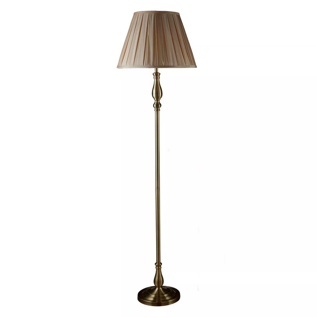 Classic Flemish Floor Lamp In Antique Brass Finish With Grey Pleated Shade