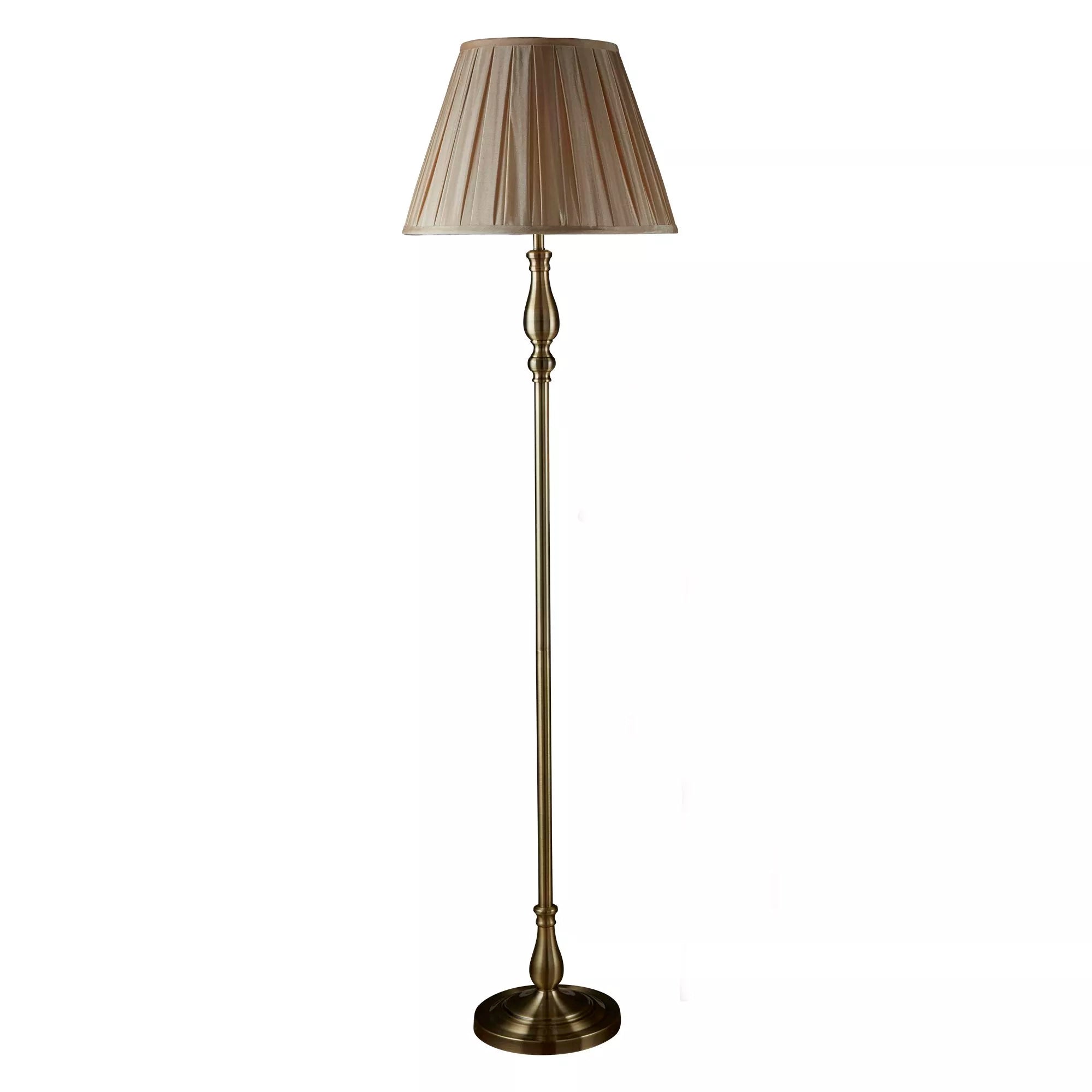 Classic Flemish Floor Lamp In Antique Brass Finish With Grey Pleated Shade