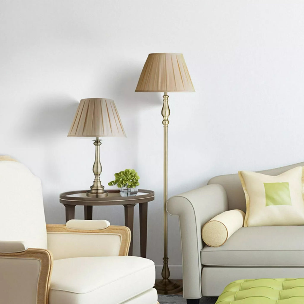 Classic Flemish Floor Lamp In Antique Brass Finish With Grey Pleated Shade