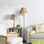Classic Flemish Floor Lamp In Antique Brass Finish With Grey Pleated Shade