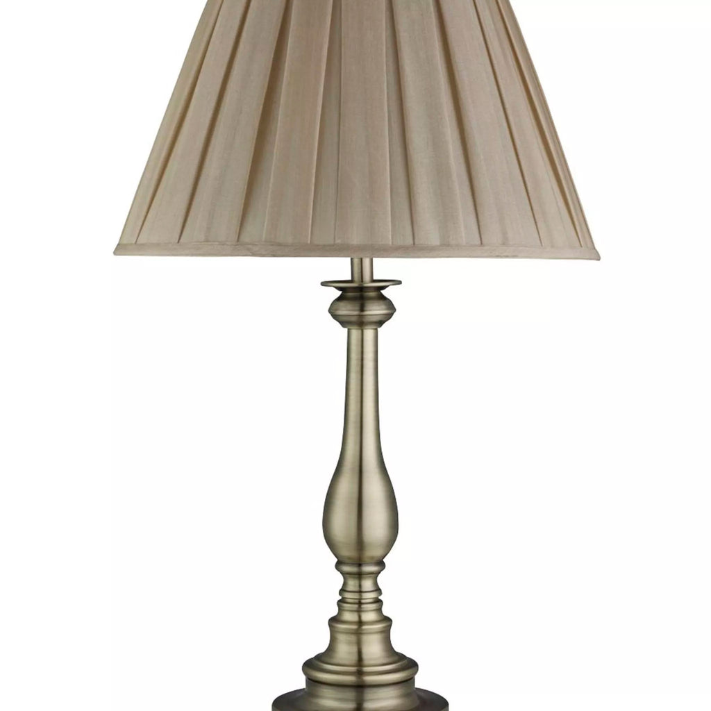 Classic Flemish Table Lamp In Antique Brass Finish With Grey Pleated Shade