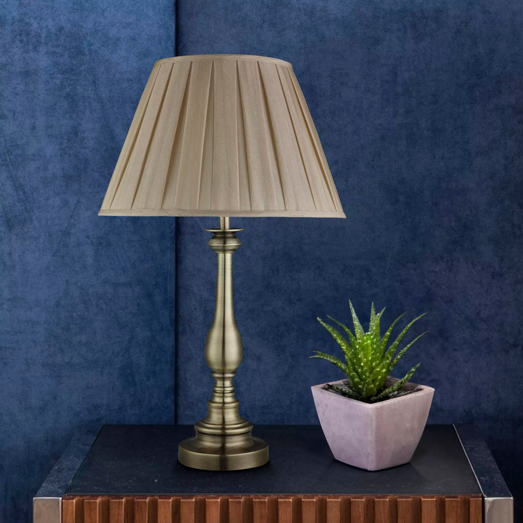 Classic Flemish Table Lamp In Antique Brass Finish With Grey Pleated Shade