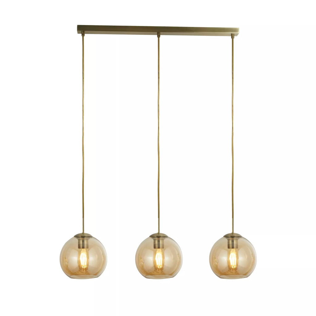 Linear 3 Light Ceiling Pendant In Antique Brass With Amber Glass Shades 1623-3AM
