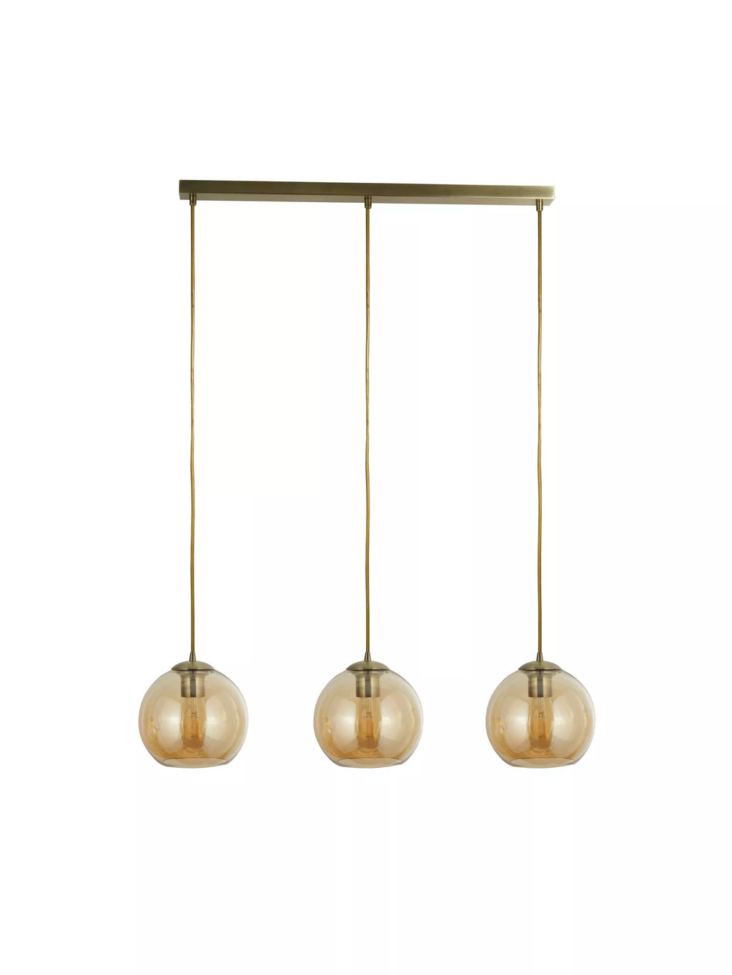Linear 3 Light Ceiling Pendant In Antique Brass With Amber Glass Shades 1623-3AM