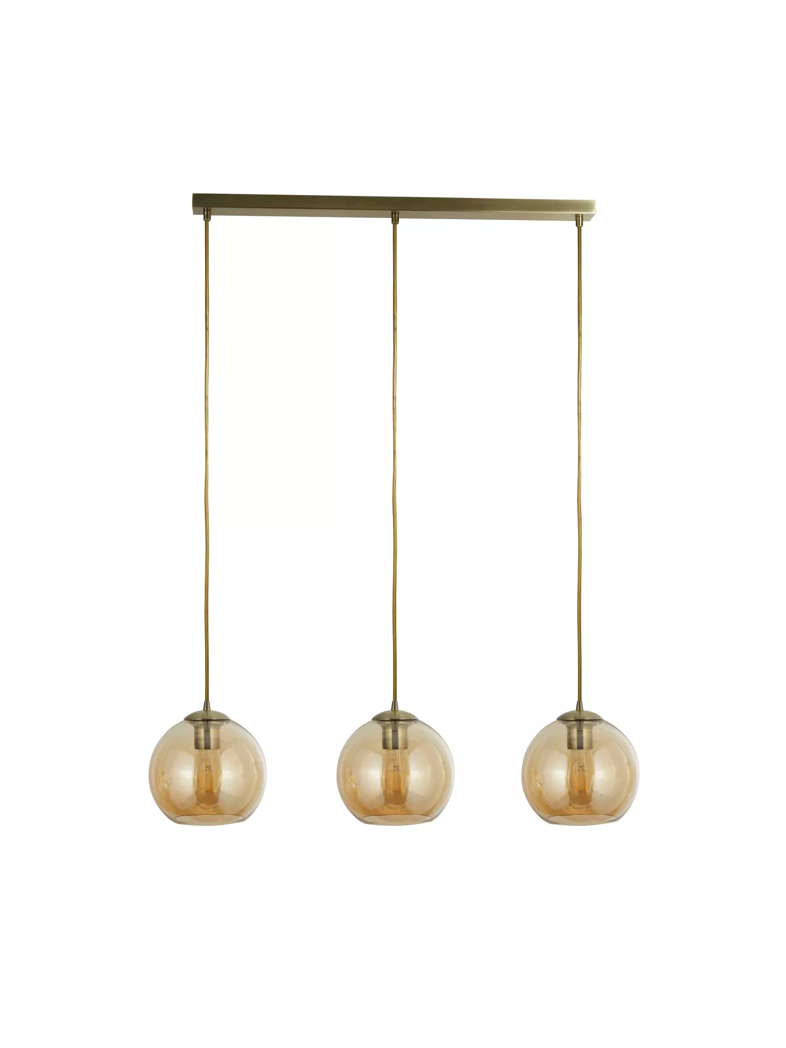 Linear 3 Light Ceiling Pendant In Antique Brass With Amber Glass Shades 1623-3AM