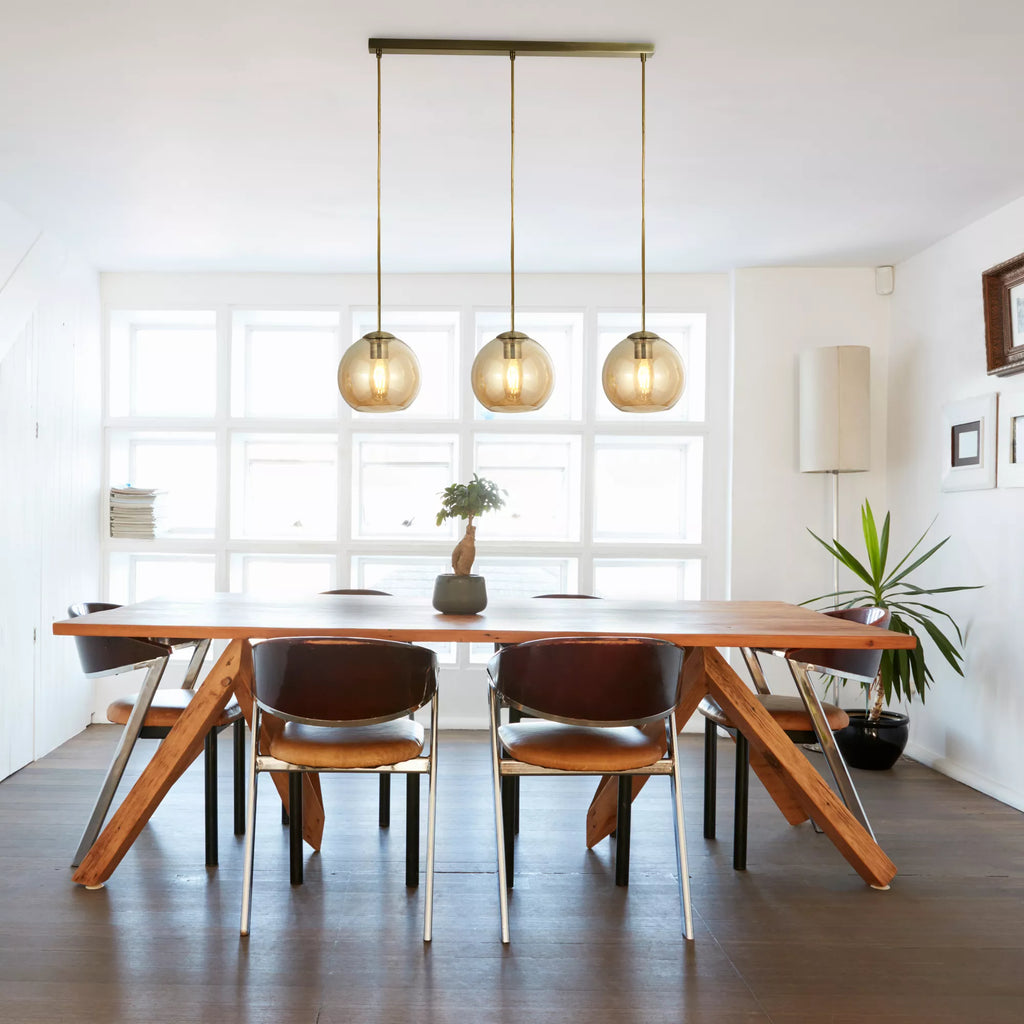 Linear 3 Light Ceiling Pendant In Antique Brass With Amber Glass Shades 1623-3AM