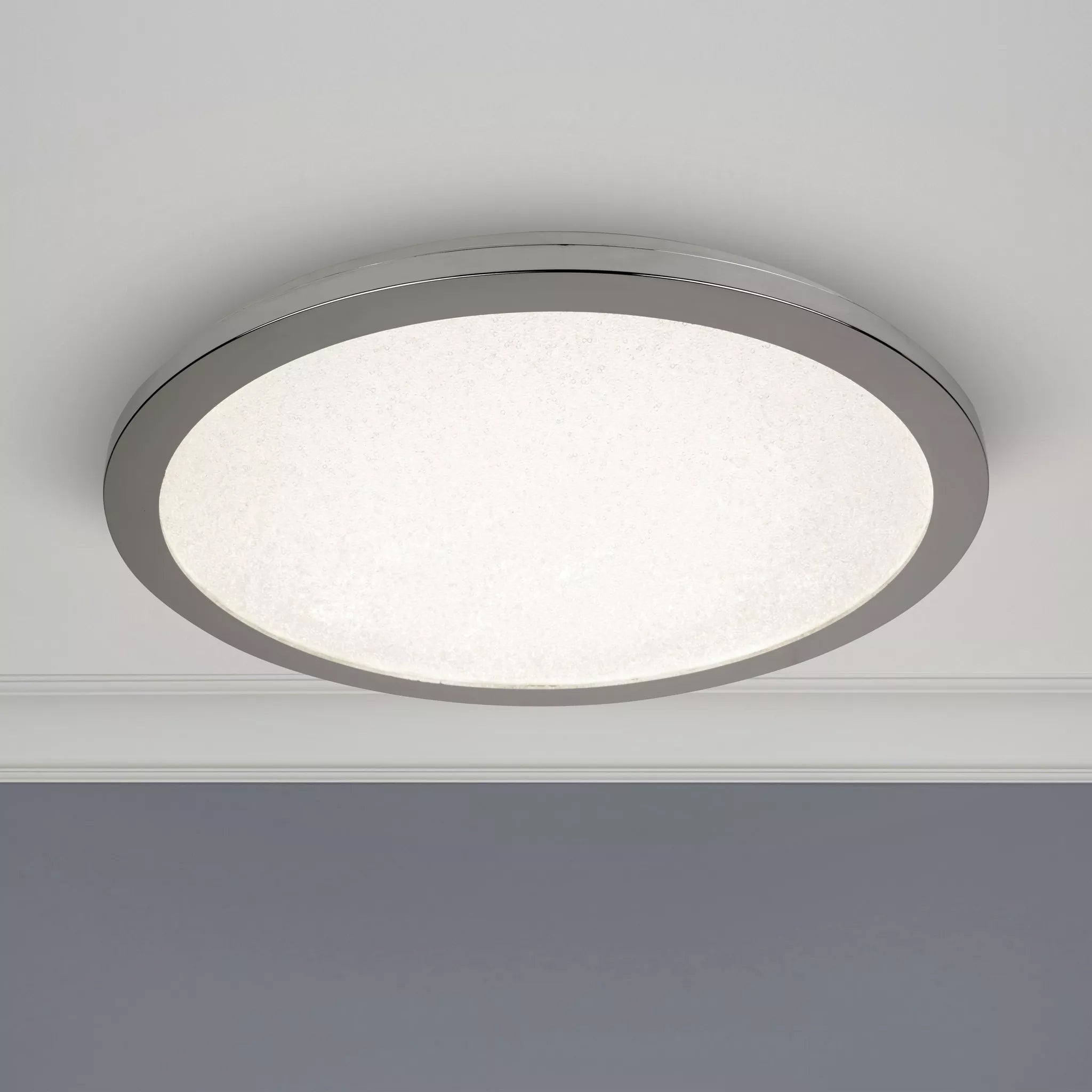 Bathroom Flush Ceiling Light In Chrome Finish With Sanded Glass 300mm
