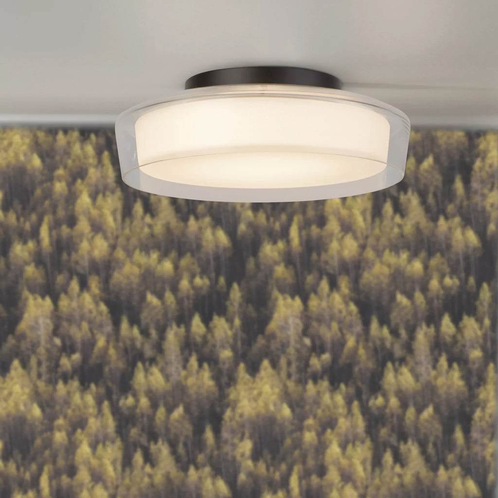Searchlight Modern Puck Flush Ceiling Light In Black Finish With Clear And Opal Glass Shade