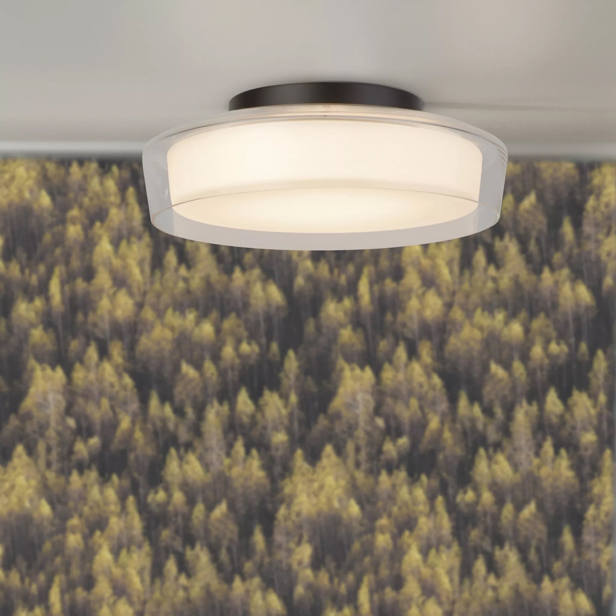 Searchlight Modern Puck Flush Ceiling Light In Black Finish With Clear And Opal Glass Shade