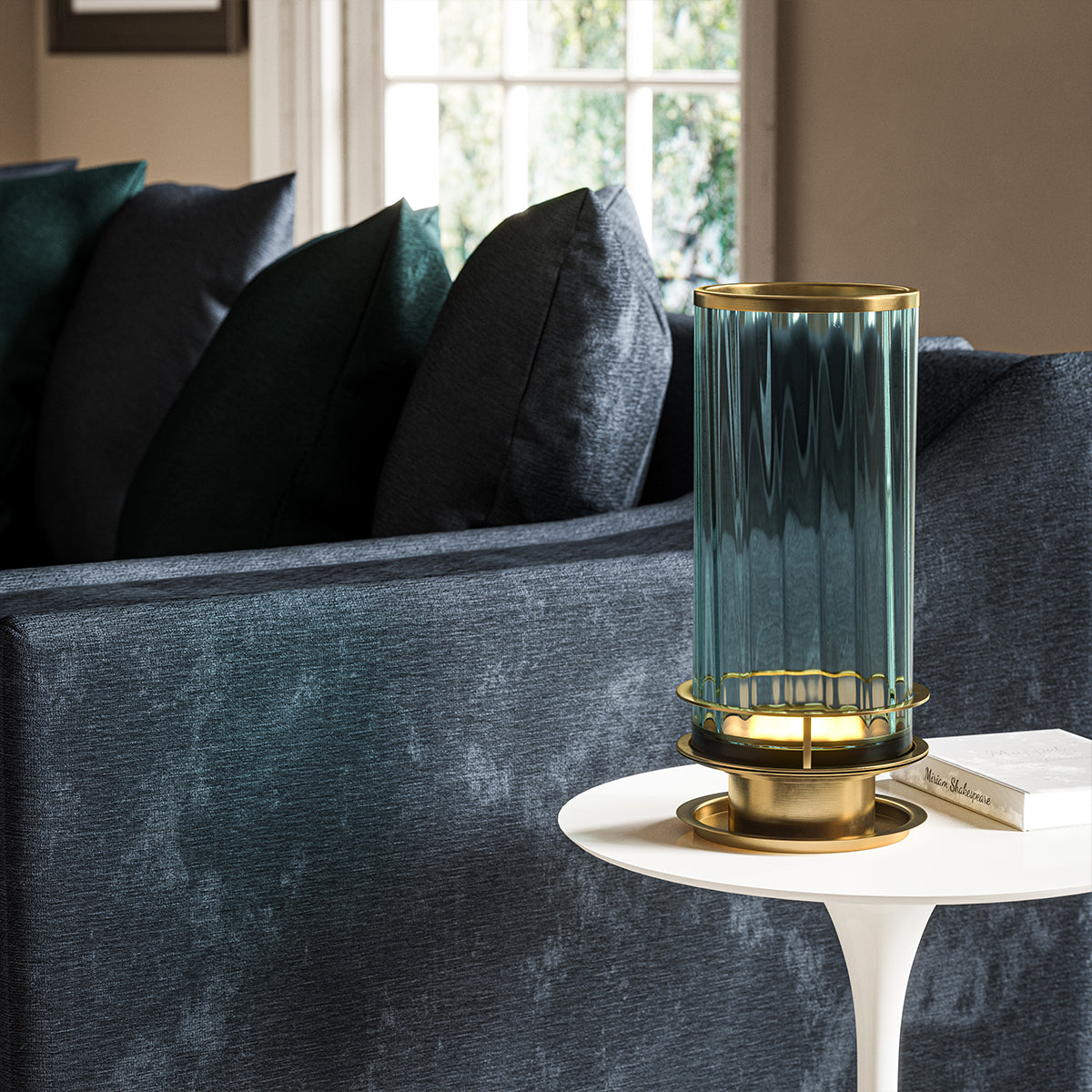 Arno Green Tint Glass Table Lamp With Aged Brass Detail QN-ARNO-GREEN-AB