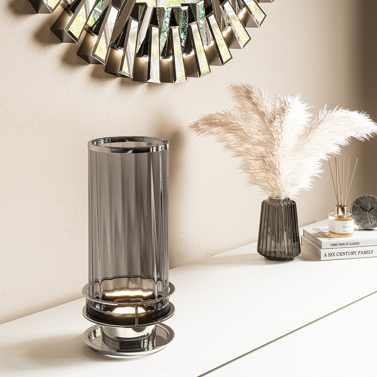Arno Smoked Glass Table Lamp With Polished Nickel Detail QN-ARNO-SMOKE-PN