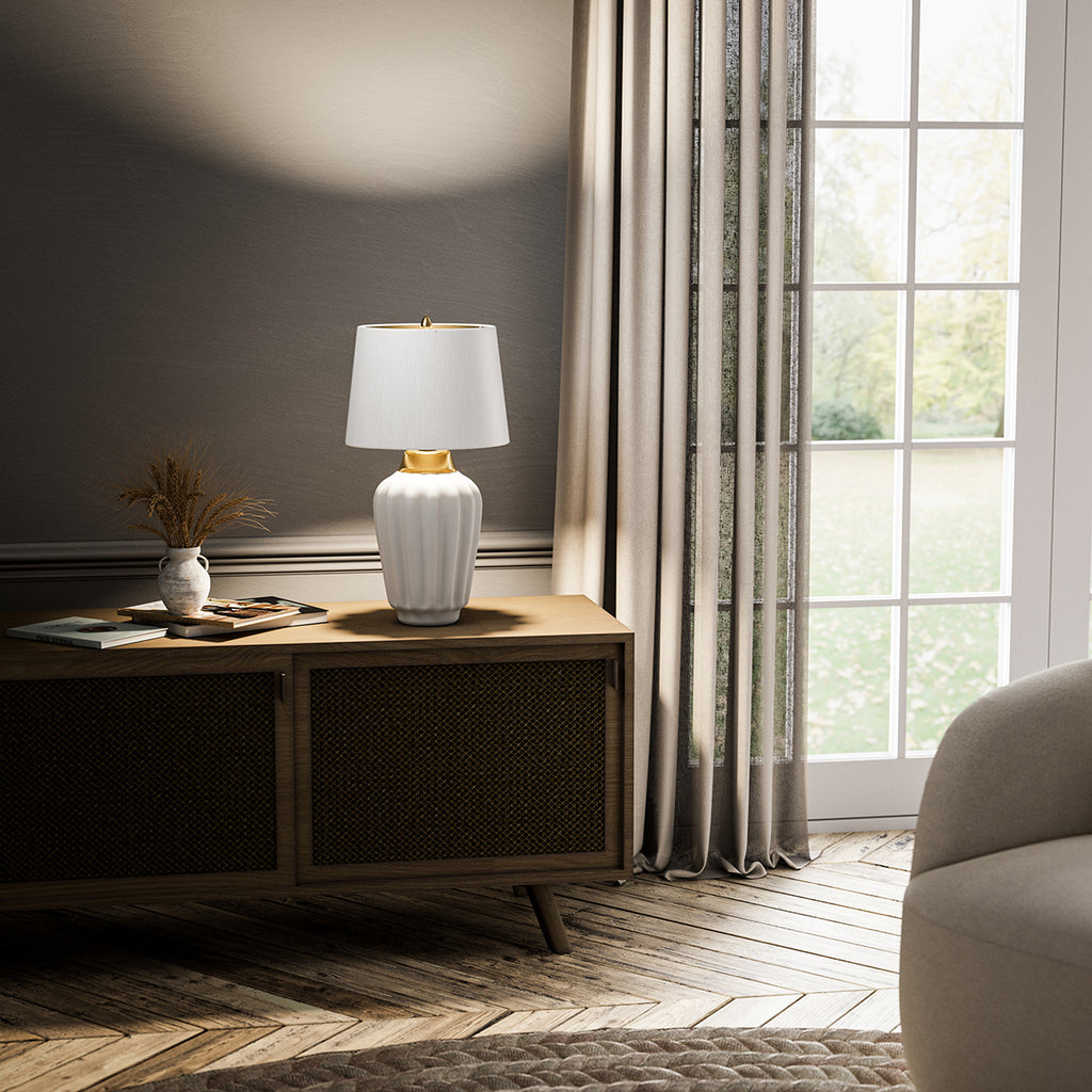 Bexley Satin White Ceramic Table Lamp In Brushed Brass Finish QN-BEXLEY-TL-WBB