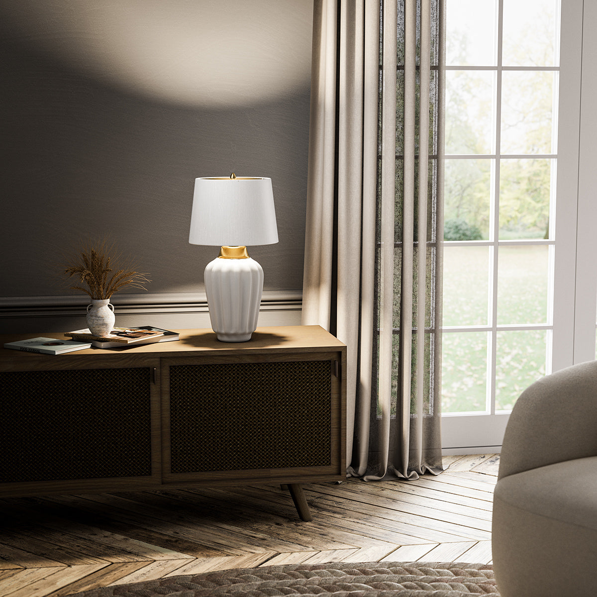 Bexley Satin White Ceramic Table Lamp In Brushed Brass Finish QN-BEXLEY-TL-WBB