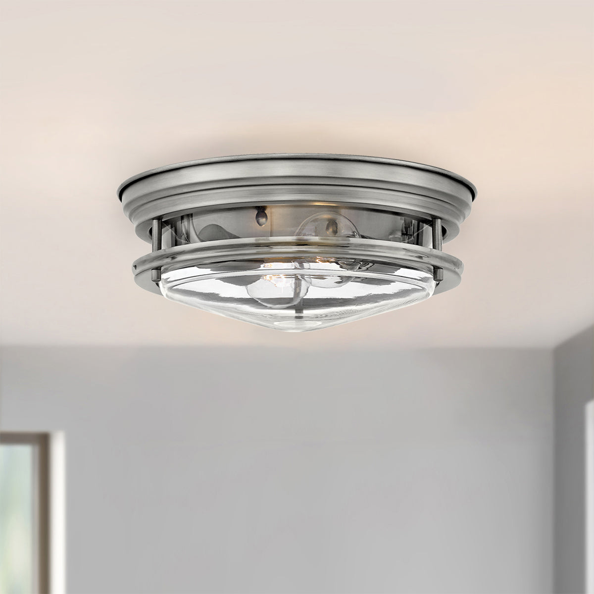 Hadrian 2 Light Flush Ceiling Light In Antique Nickel With Clear Glass IP44 QN-HADRIAN-FS-AN-CLEAR